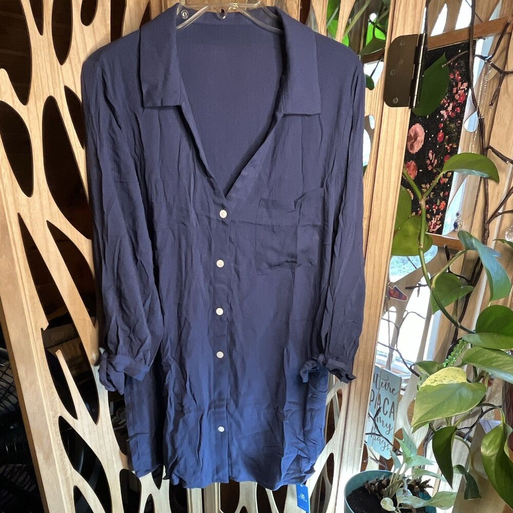 CUPSHE Women’s Blue Tie Cuff Cover-Up Dress Collar 3/4 Sleeve Linen-Feel NWT